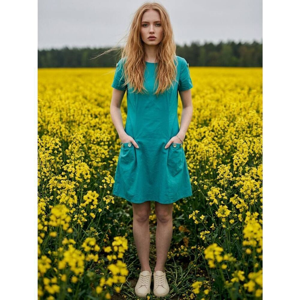 🍑Teal Button Tab Short Sleeve Dress Medium